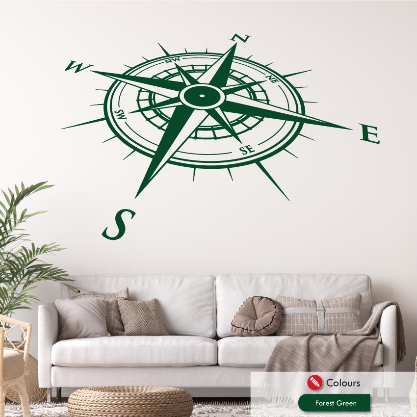 Angled compass wall art decal in forest green