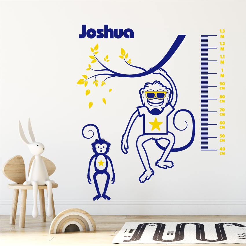 Animal Height Chart Nursery Wall Sticker Blue & Yellow