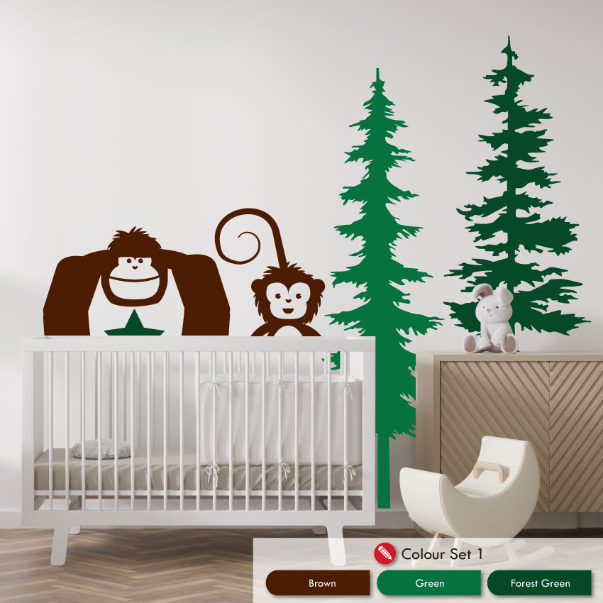 
            
                Load image into Gallery viewer, Animal and Pine tree wall art forest themed decal set in brown, green and forest green colours
            
        