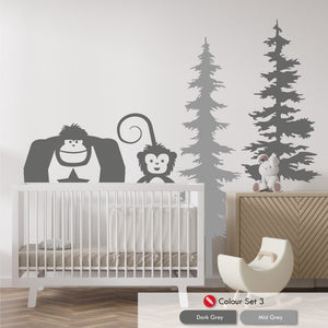 Animal and Pine tree wall art forest themed decal set in dark grey and mid grey colours