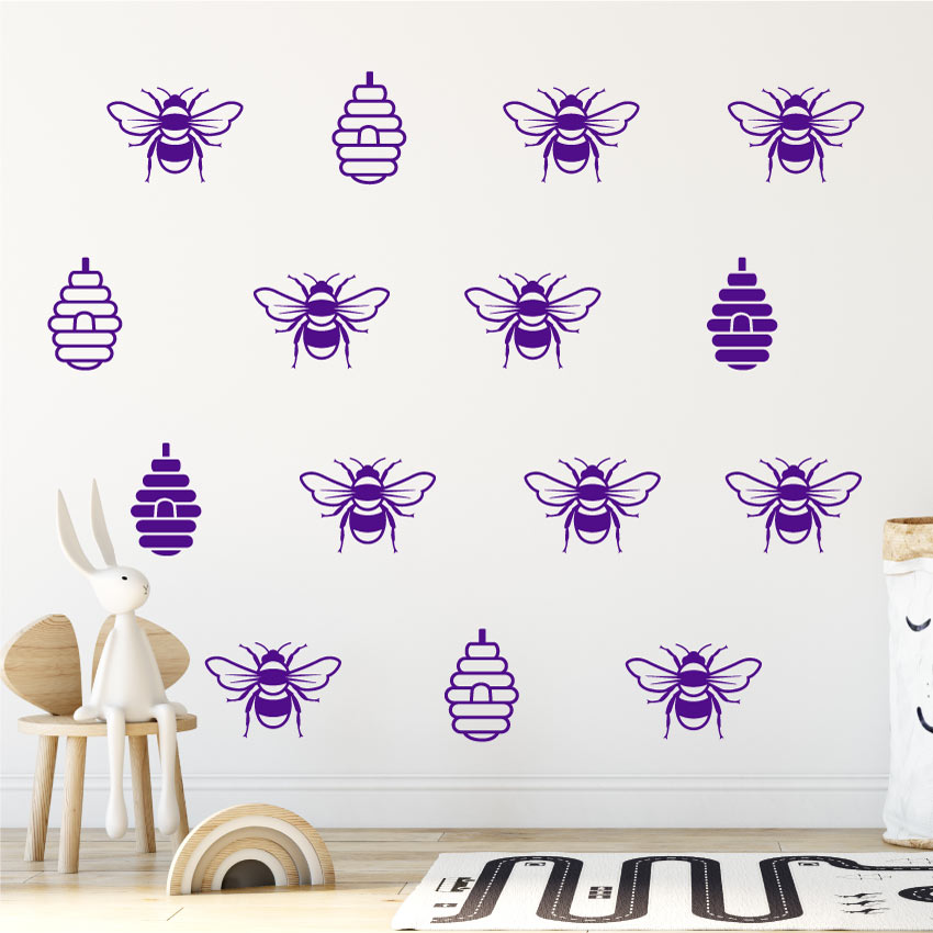 
            
                Load image into Gallery viewer, Bees and hives wall art sticker set purple
            
        