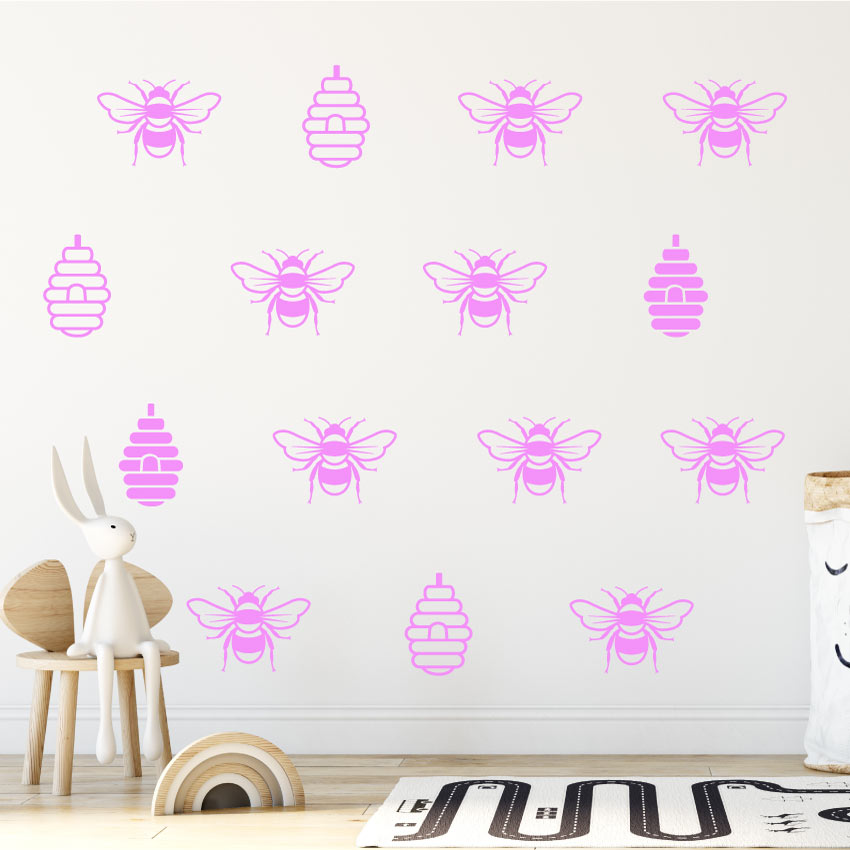 Bees and hives wall art sticker set pink