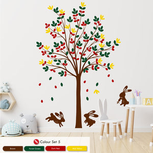 
            
                Load image into Gallery viewer, Tree &amp;amp; Bunny Rabbits nursery wall art decal brown forest green dark red mid yellow
            
        