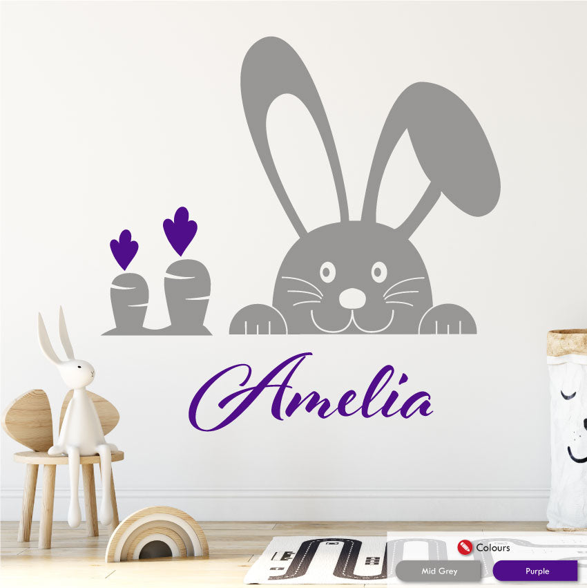 
            
                Load image into Gallery viewer, Bunny and carrot girls wall personalised wall sticker mid grey purple
            
        