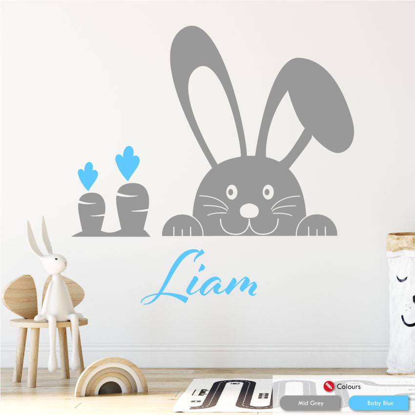 
            
                Load image into Gallery viewer, Bunny and carrot girls wall personalised wall sticker mid grey baby blue
            
        