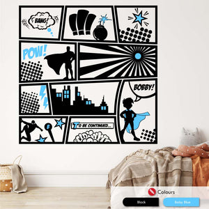 
            
                Load image into Gallery viewer, Comic Book Superhero Boys Bedroom Wall Decal Black and Baby Blue
            
        