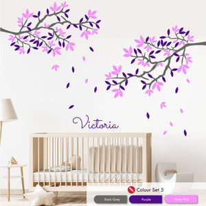 
            
                Load image into Gallery viewer, Corner Tree Personalised Wall Art Bedroom Decal dark grey purple baby pink
            
        