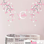 cherry blossom corner trees nursery wall sticker mid grey baby pink white