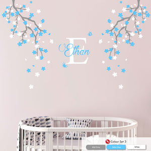 
            
                Load image into Gallery viewer, cherry blossom corner trees nursery wall sticker mid grey baby blue white
            
        