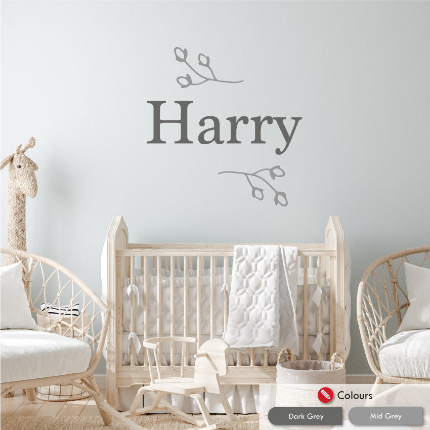Floral Personalised Wall Sticker Dark Grey and Mid Grey