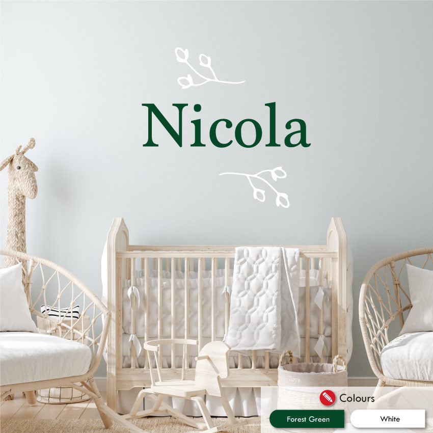 Floral Personalised Wall Sticker Forest Green and White