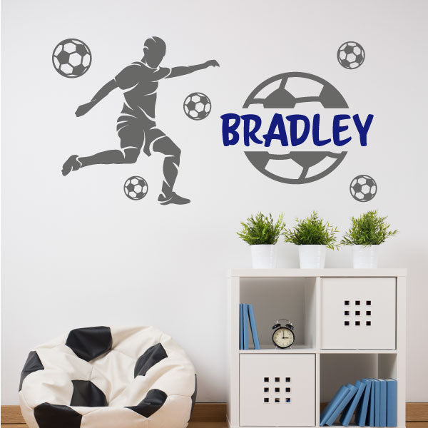 Footballer personalised wall sticker dark grey and medium blue