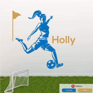 Girls Football Custom Name Wall Sticker Azure Blue Gold