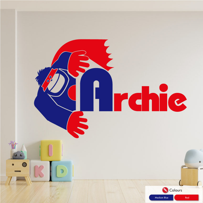 Superhero Gorilla wall art sticker with name and initial in medium blue and red colours