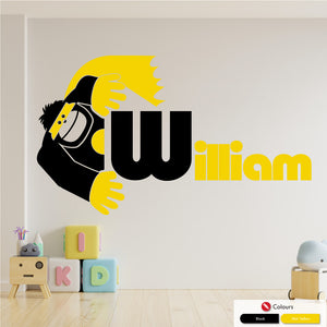 Superhero Gorilla wall art sticker with name and initial in black and mid yellow colours