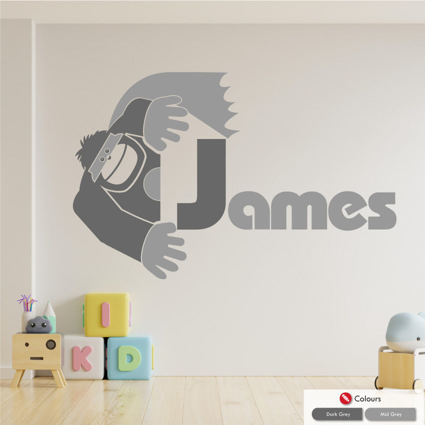
            
                Load image into Gallery viewer, Superhero Gorilla wall art sticker with name and initial in dark grey &amp;amp; mid grey colours
            
        