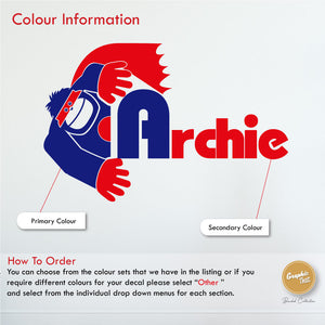 
            
                Load image into Gallery viewer, Superhero Gorilla wall art sticker with name and initial colour information sheet
            
        