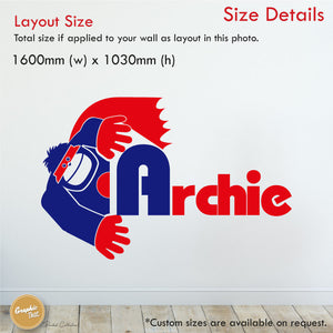 Superhero Gorilla wall art sticker with name and initial size details 1600mm width 1030mm height