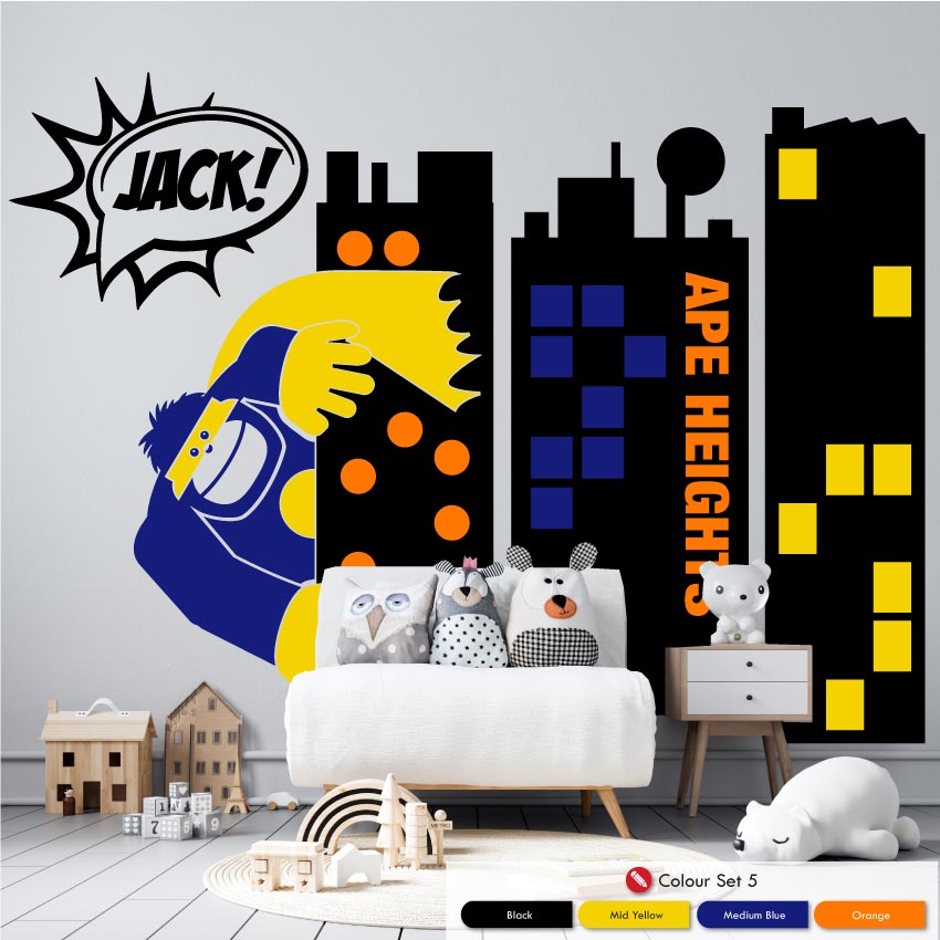 Superhero Towers Boys personalised wall art sticker black, mid yellow, medium blue, orange