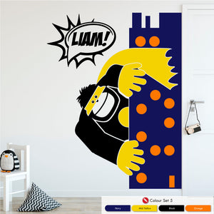
            
                Load image into Gallery viewer, Gorilla leaning out from a skyline tower in navy, mid yellow, black and orange
            
        