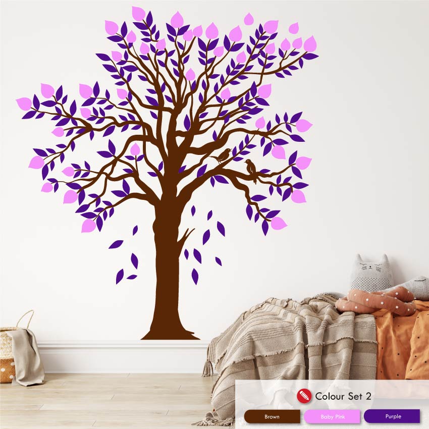Large Tree And Birds Wall Decal Brown Branches Baby Pink and Purple Leaves