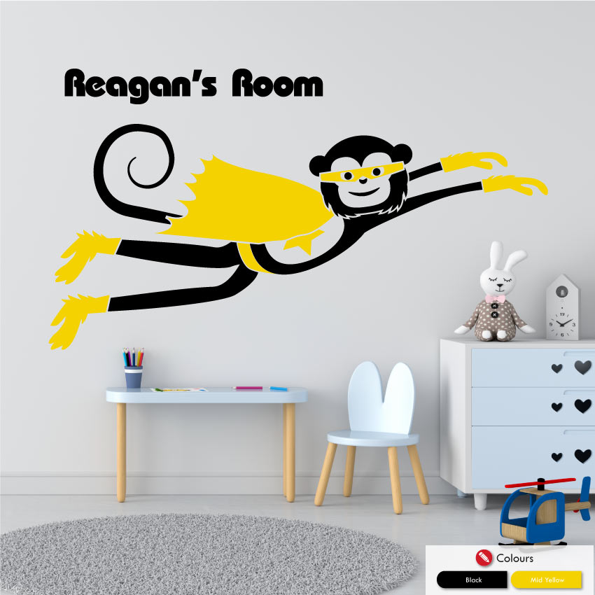 
            
                Load image into Gallery viewer, Cheeky monkey superhero flying with space for personalised name of your choice in black and mid yellow colours
            
        