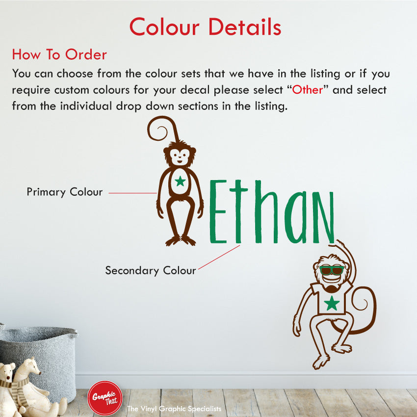 
            
                Load image into Gallery viewer, Monkeys personalised wall decal colour details
            
        