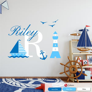 
            
                Load image into Gallery viewer, Nautical monogram personalised wall decal azure blue baby blue white
            
        