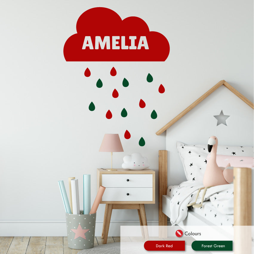 
            
                Load image into Gallery viewer, Personalised clouds and raindrops wall sticker dark red &amp;amp; forest green
            
        