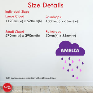 
            
                Load image into Gallery viewer, Personalised clouds and raindrops wall sticker sizes
            
        