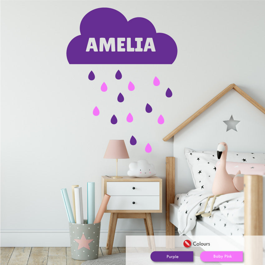 Personalised clouds and raindrops wall sticker purple & baby pink