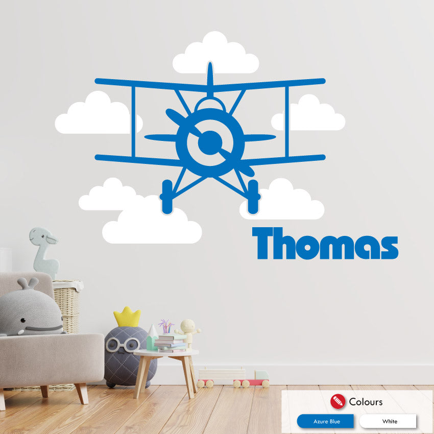 
            
                Load image into Gallery viewer, biplane boys bedroom personalised wall decal azure blue and white
            
        