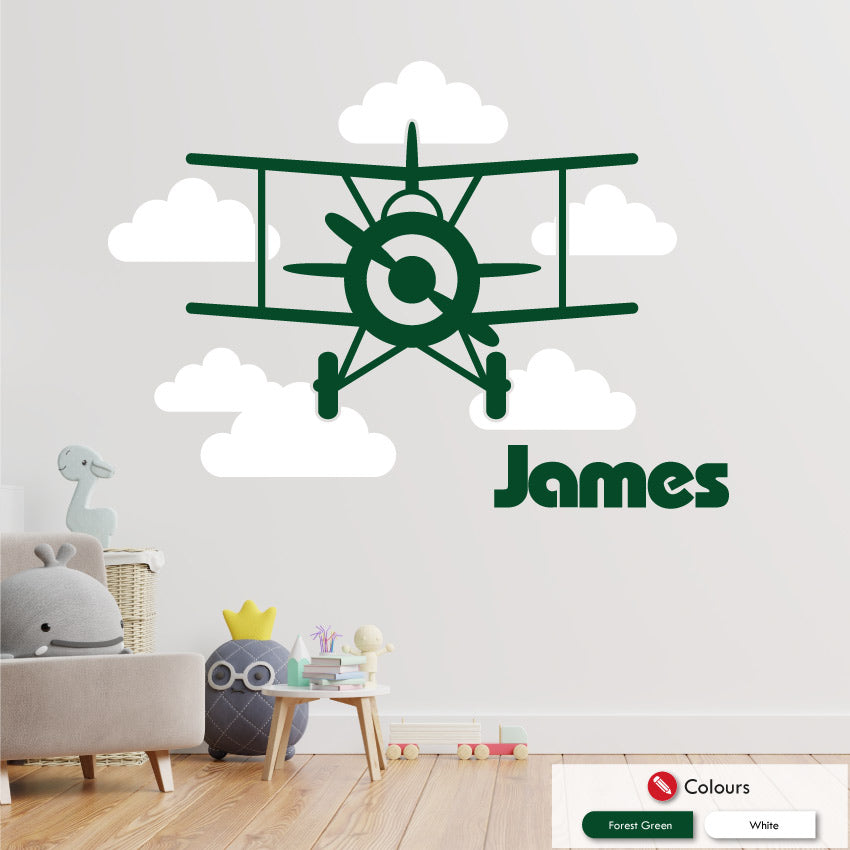 biplane boys bedroom personalised wall decal forest green and white
