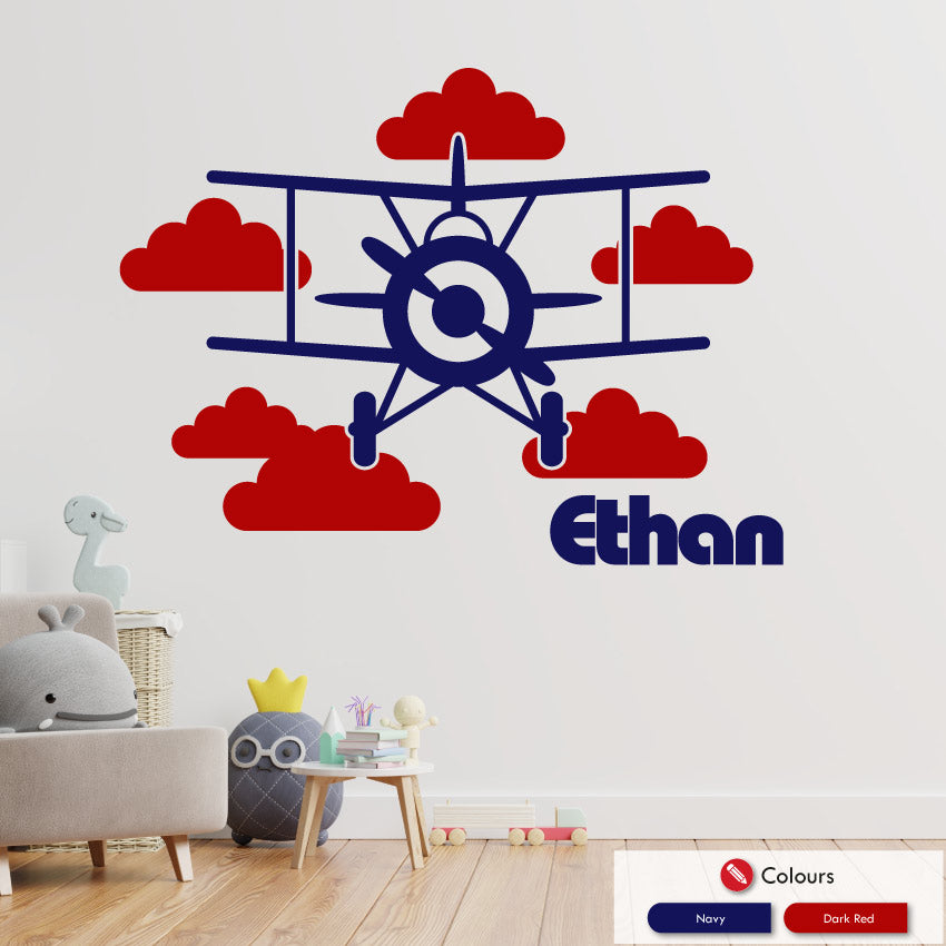 
            
                Load image into Gallery viewer, biplane boys bedroom personalised wall decal navy and dark red
            
        
