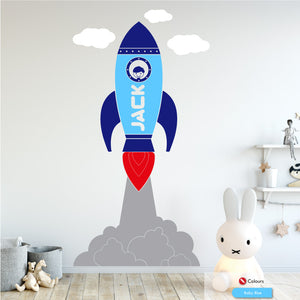 
            
                Load image into Gallery viewer, Space rocket personalised nursery wall sticker baby blue
            
        