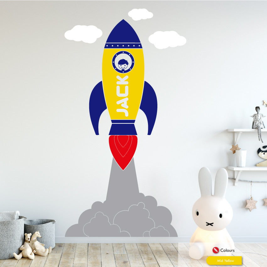 
            
                Load image into Gallery viewer, Space rocket personalised nursery wall sticker mid yellow
            
        