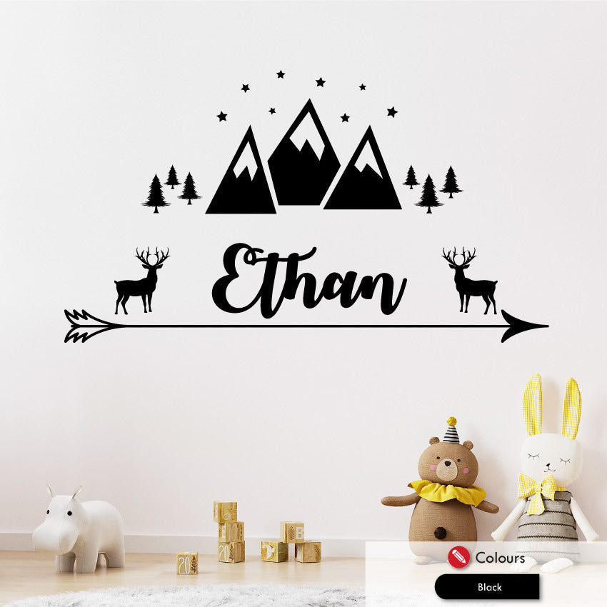 Stag & mountains personalised wall sticker black