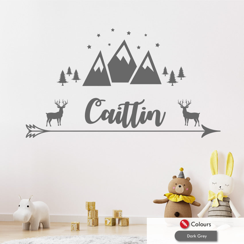 
            
                Load image into Gallery viewer, Stag &amp;amp; mountains personalised wall sticker dark grey
            
        