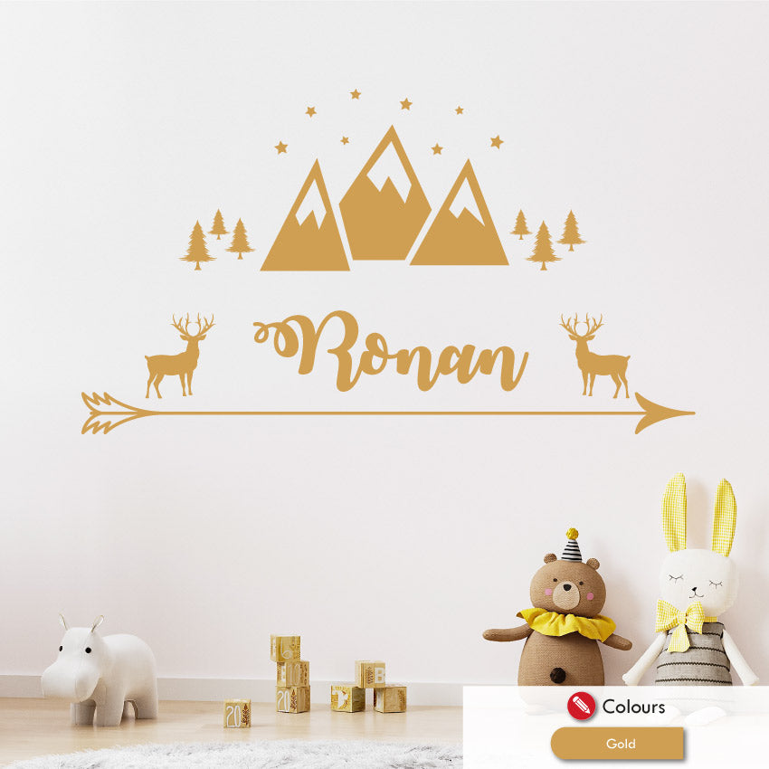 
            
                Load image into Gallery viewer, Stag &amp;amp; mountains personalised wall sticker gold
            
        