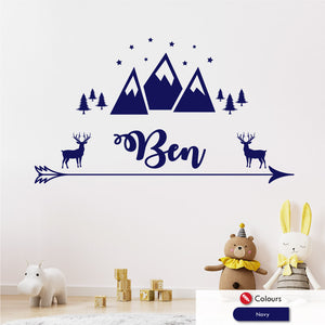 Stag & mountains personalised wall sticker navy