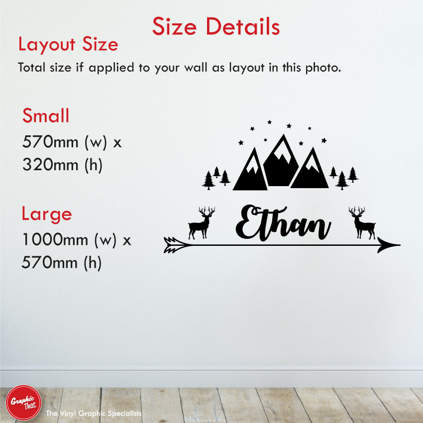 
            
                Load image into Gallery viewer, Stag &amp;amp; mountains personalised wall sticker size details
            
        