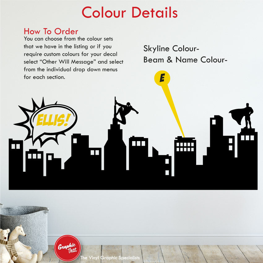 Superhero Boys Bedroom Skyline Wall Art Sticker Colour Information