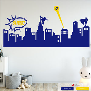 
            
                Load image into Gallery viewer, Superhero Boys Bedroom Skyline Wall Art Sticker Medium Blue &amp;amp; Yellow
            
        
