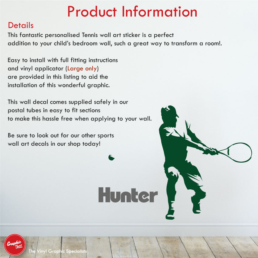 
            
                Load image into Gallery viewer, Boys Tennis Personalised Wall Decal Product Information
            
        