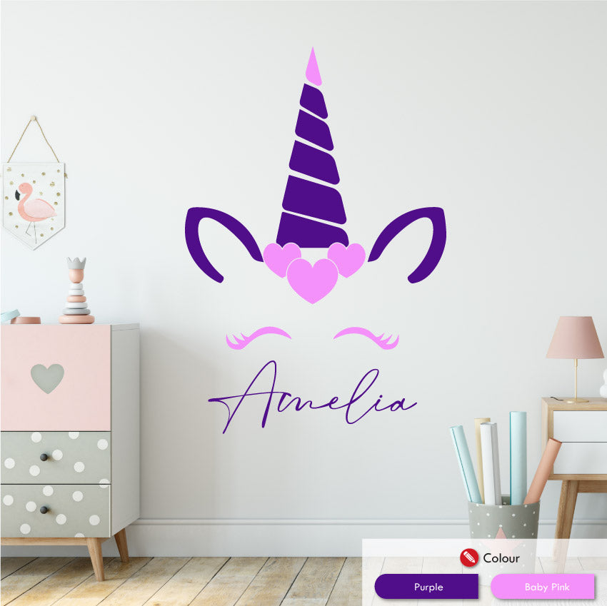 unicorn personalised wall sticker purple baby pink