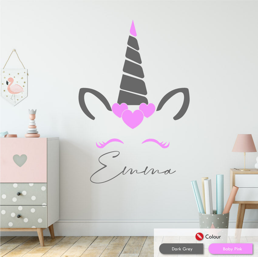 
            
                Load image into Gallery viewer, unicorn personalised wall sticker dark grey baby pink
            
        