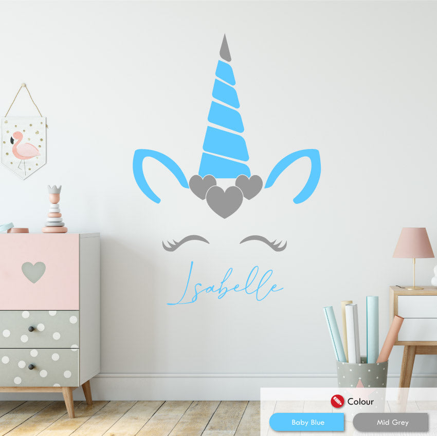 
            
                Load image into Gallery viewer, unicorn personalised wall sticker baby blue mid grey
            
        